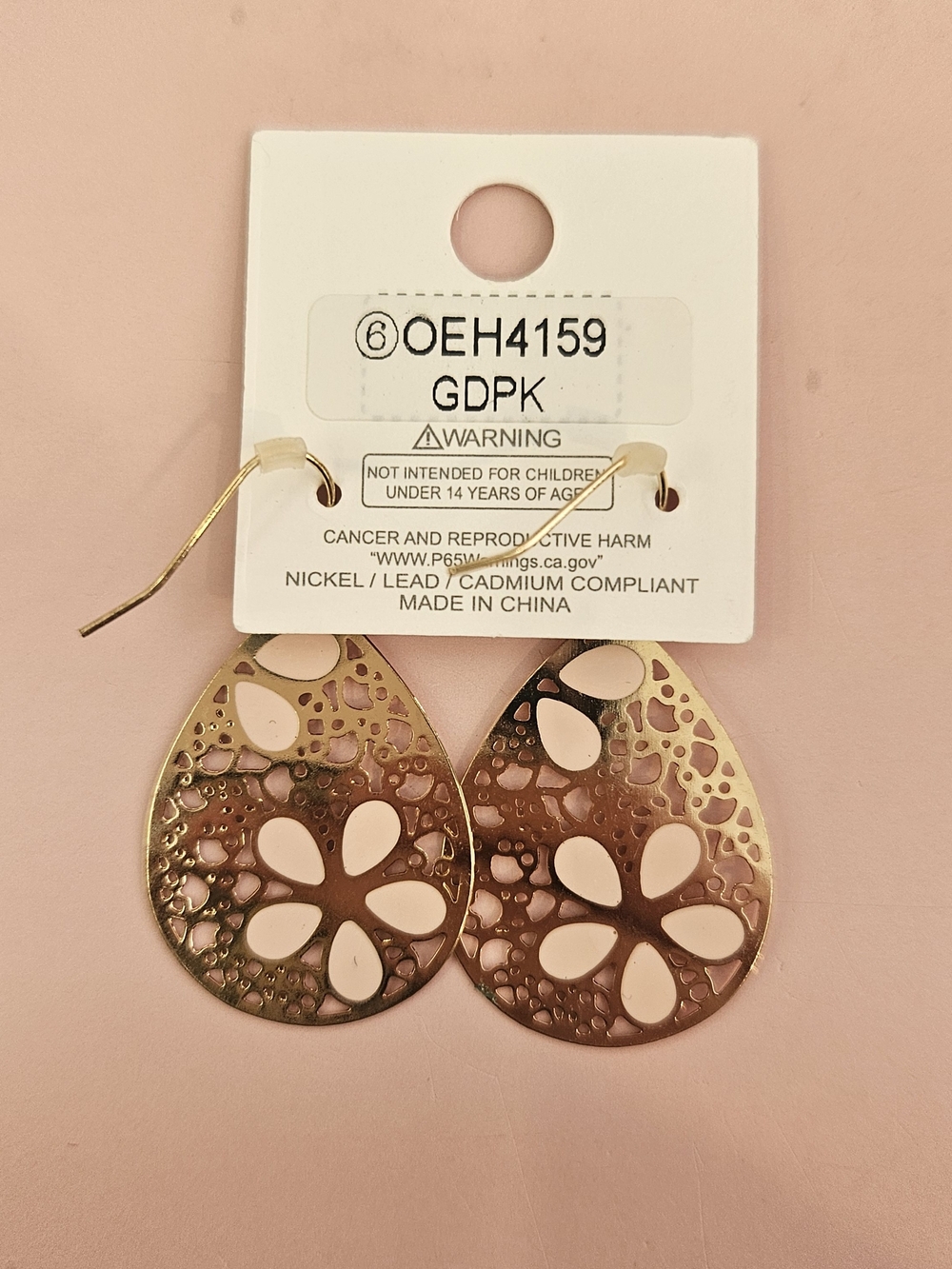 Gold and Pink Floral Teardrop Earrings - Picture 3 of 4